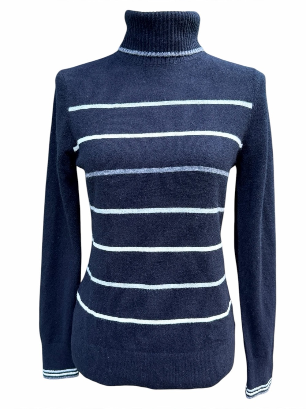 Lands' End Black Heritage Stripe Cashmere Turtleneck Sweater Size Small